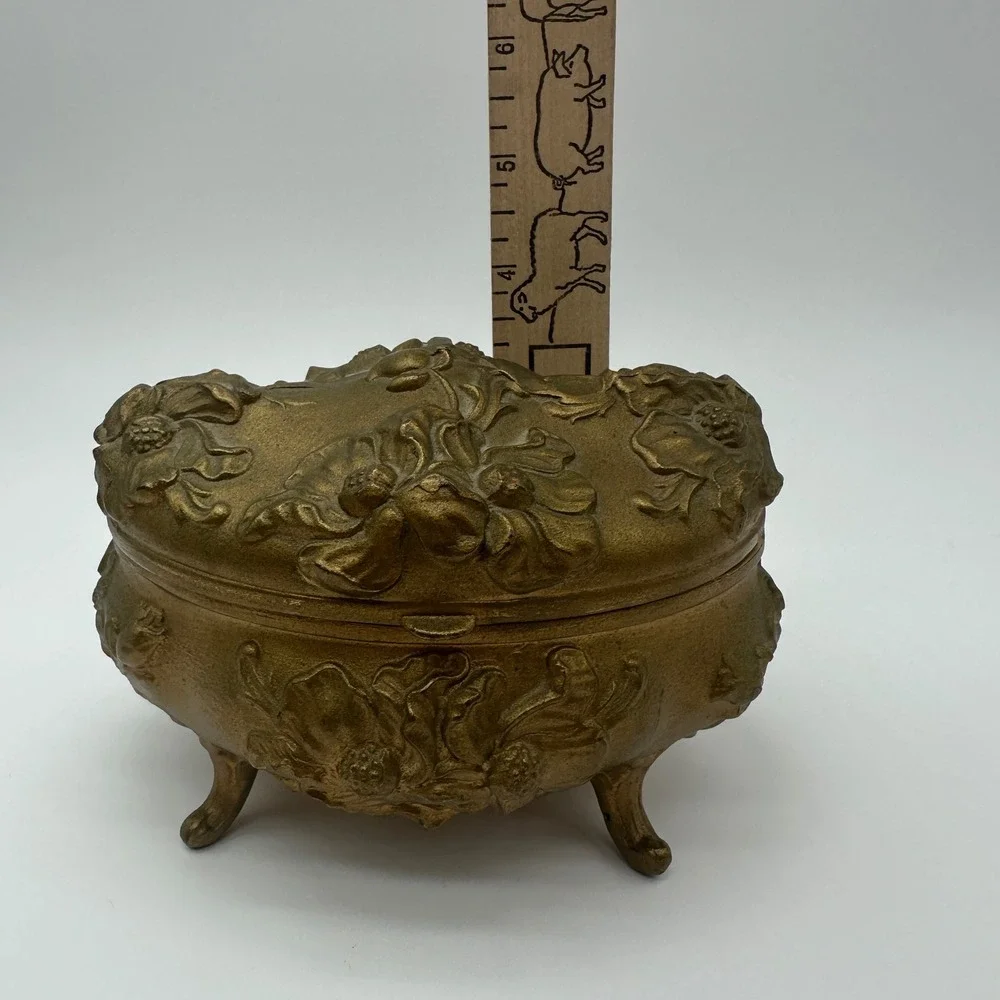 ANTQ Art Nouveau Jewelry Casket Footed Spelter Pot Metal Box Rose Relief Lined